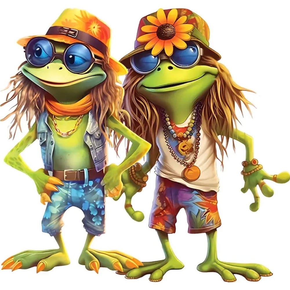 Colorful Frog Figurines with Sunglasses heat transfer iron on.